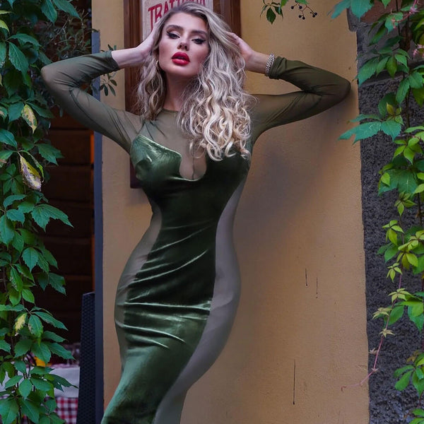 Gorgeous Mesh Panel Velvet Mock Neck Long Sleeve Sheer Maxi Dress - Green