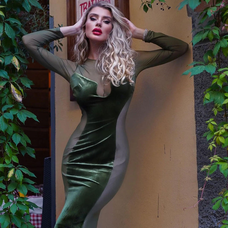 Gorgeous Mesh Panel Velvet Mock Neck Long Sleeve Sheer Maxi Dress - Green