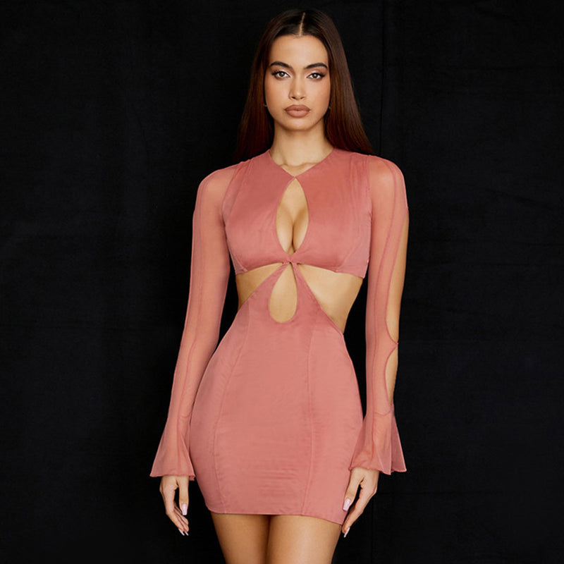 Gorgeous Round Neck Long Sleeve Cut Out Bodycon Mini Dress - Coral Pink
