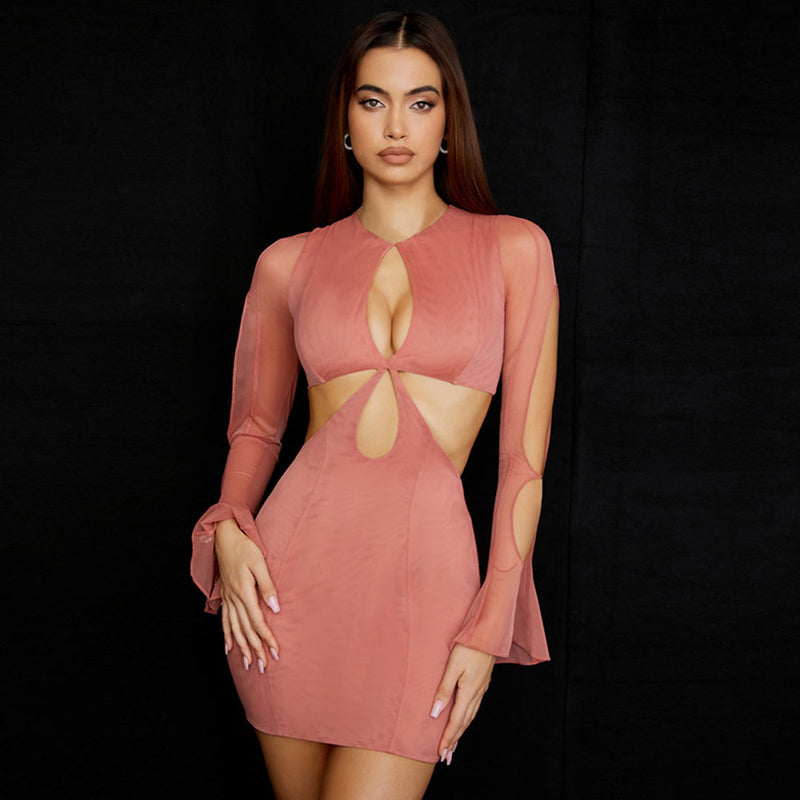 Gorgeous Round Neck Long Sleeve Cut Out Bodycon Mini Dress - Coral Pink