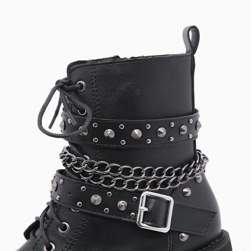 Gothic Punk Studs Buckle Strap Chain-Link Platform Boots - Black