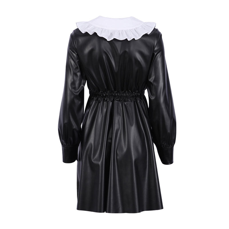 Gothic Style Peter Pan Long Sleeve Leather Mini Dress - Black