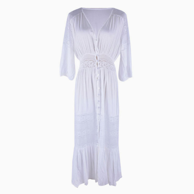 Boho Style Deep V Button Up Sleeved Lace Panel Midi Cover Up - White