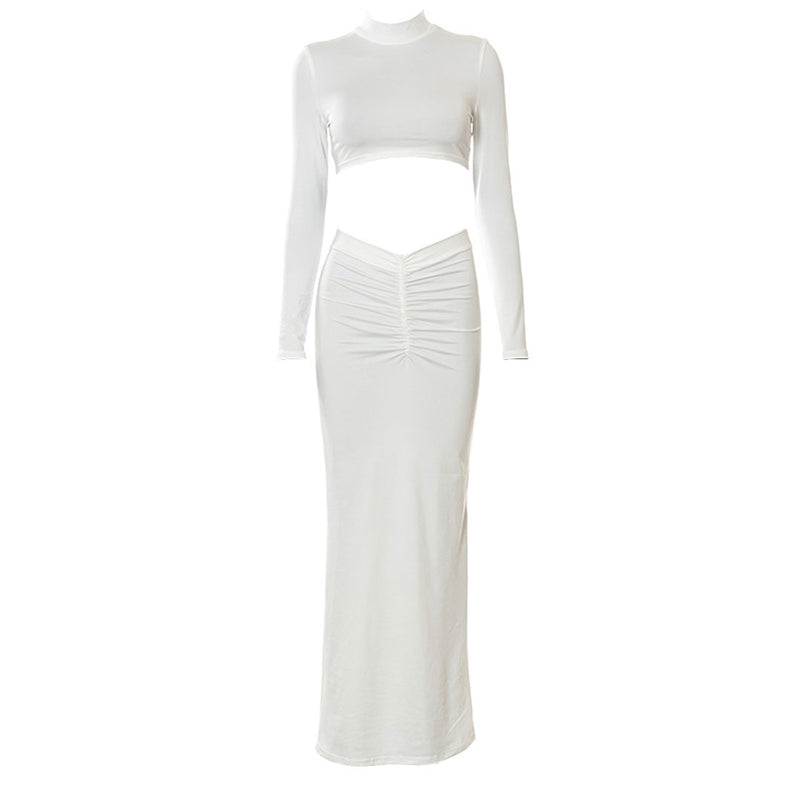 High Neck Long Sleeve Crop Top Ruched Maxi Skirt Matching Set - White