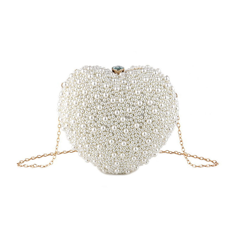 Lavish Faux Pearl Crystal Embellished Heart Shaped Handle Bag - Beige