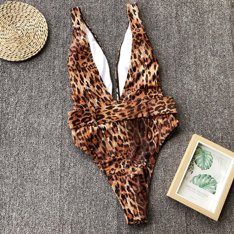 Leopard Printed Belted Deep V Neck High Cut One Piece Swimsuit - Coffee
