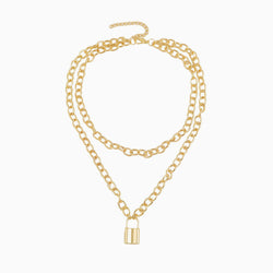 Modern Lock Pendant Chain-Link Layered Necklace - Gold