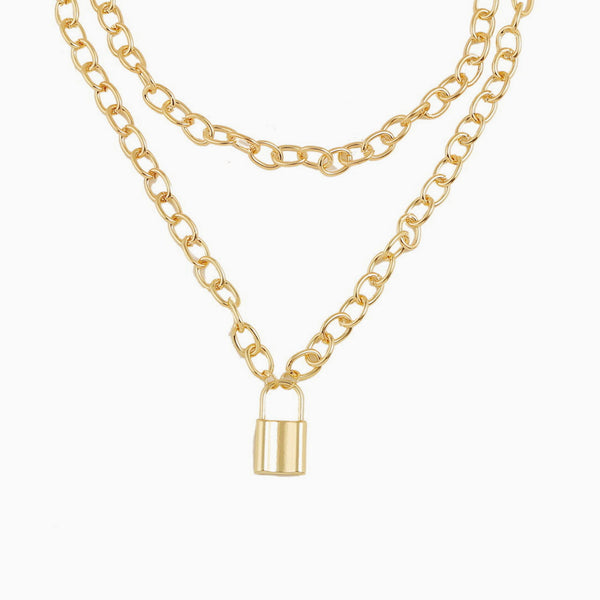 Modern Lock Pendant Chain-Link Layered Necklace - Gold