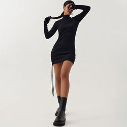 Long Sleeve Tie Side Ruched Turtleneck Sweater Mini Dress - Black