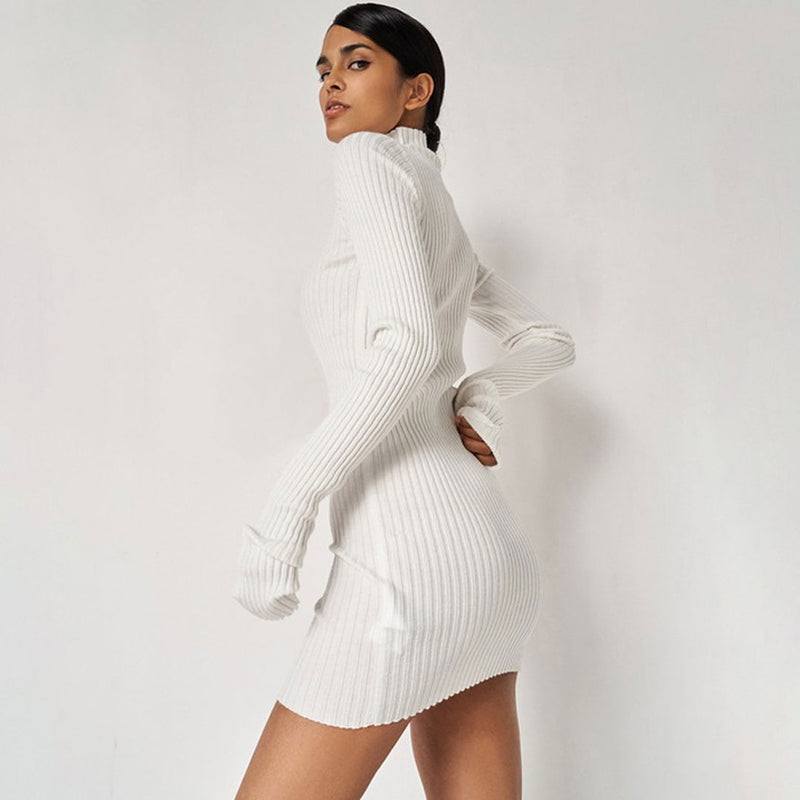 Long Sleeve Tie Side Ruched Turtleneck Sweater Mini Dress - White