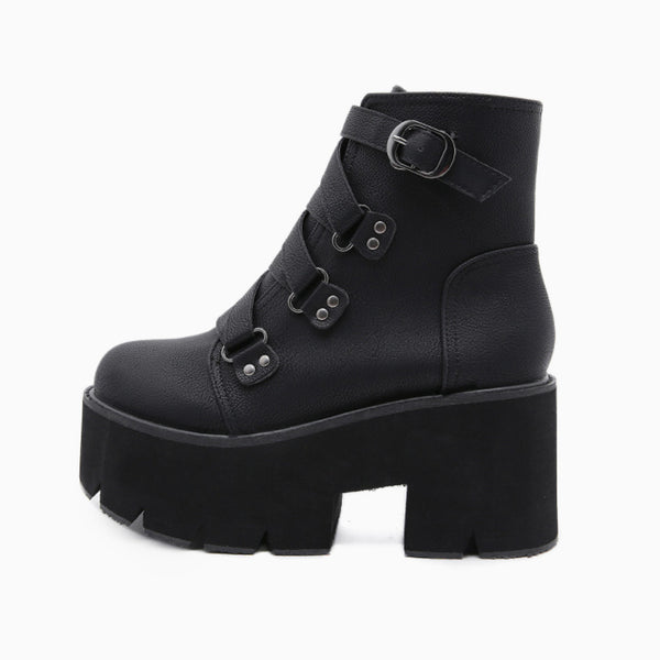 Punk Lug Sole Buckle Strap Chunky Heel Platform Boots - Black