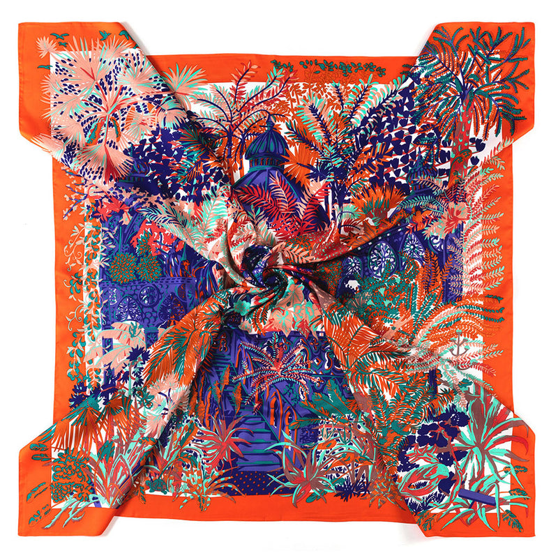 Luxuriant Jungle Print Oversized Square Silk-Twill Scarf - Orange