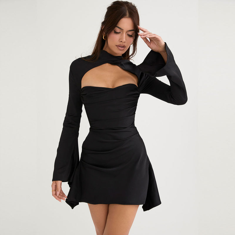 Luxury High Neck Cut Out Long Sleeve Draped Satin Mini Dress - Black