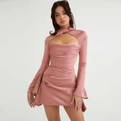 Luxury High Neck Cut Out Long Sleeve Draped Satin Mini Dress - Pink