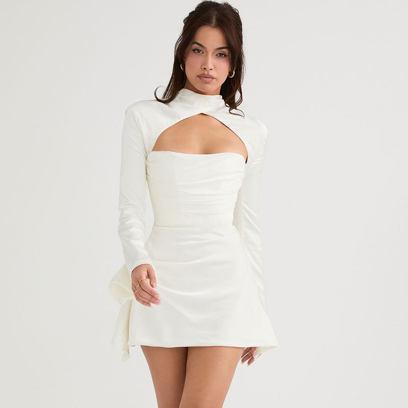 Luxury High Neck Cut Out Long Sleeve Draped Satin Mini Dress - White