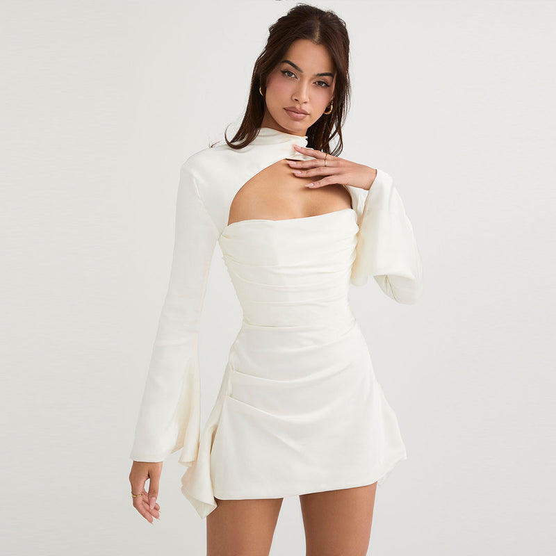 Luxury High Neck Cut Out Long Sleeve Draped Satin Mini Dress - White