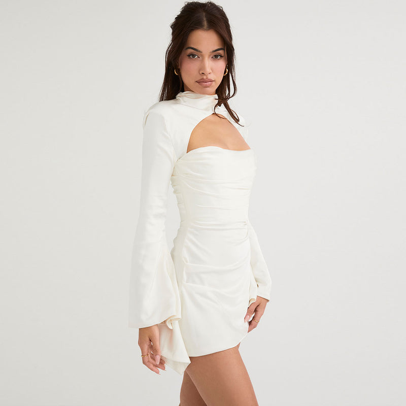 Luxury High Neck Cut Out Long Sleeve Draped Satin Mini Dress - White