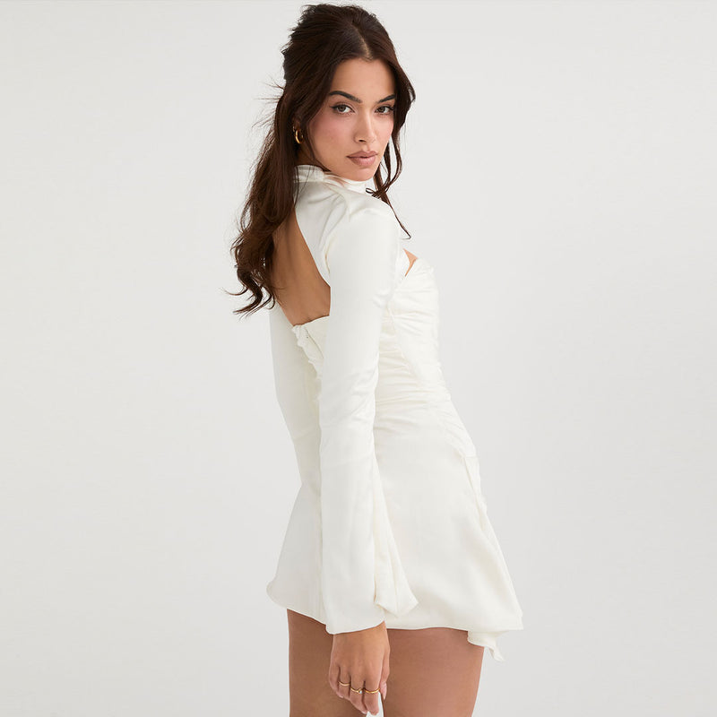 Luxury High Neck Cut Out Long Sleeve Draped Satin Mini Dress - White