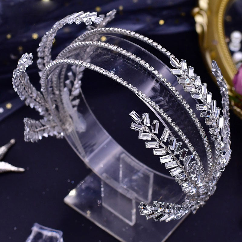 Luxury Leaf Trim Crystal Embellished Layered Headband - Silver