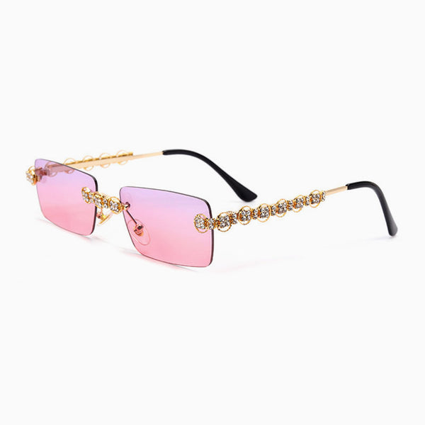 Luxury Rhinestone Trimmed Square Rimless Sunglasses - Purple