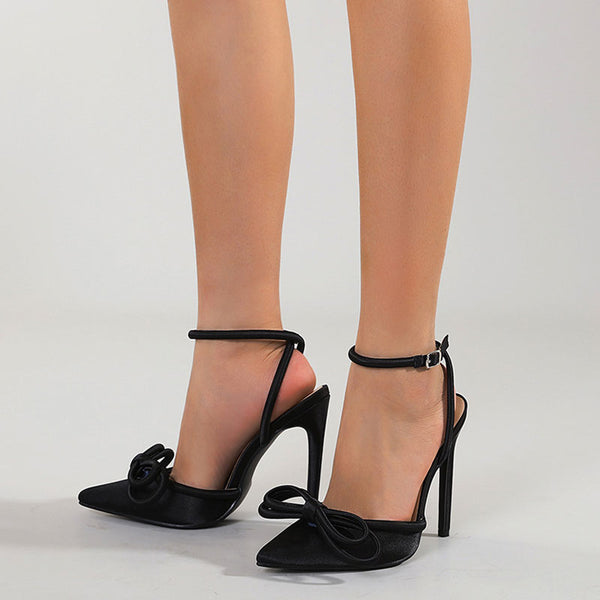 Luxury Satin Ankle Strap Pointed Toe High Heel Butterfly Pumps - Black
