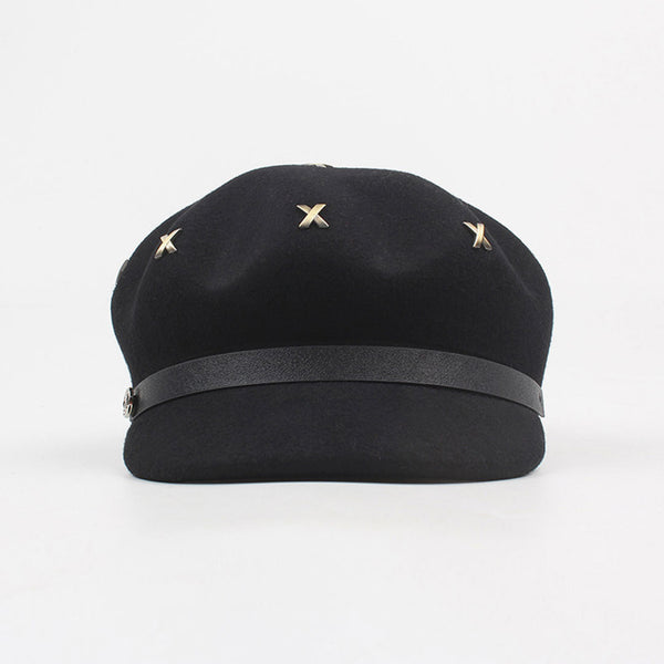 Classic Metal Cross Stud Embellishment Newsboy Hat - Black