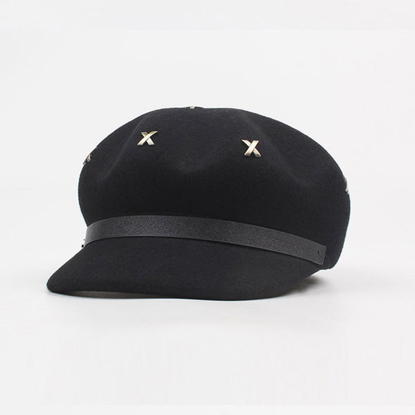 Classic Metal Cross Stud Embellishment Newsboy Hat - Black