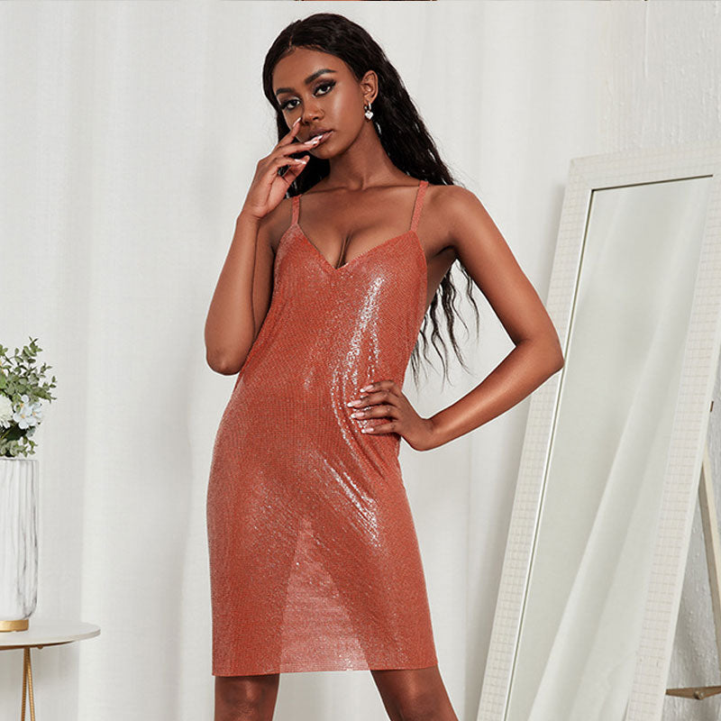 Metallic Chainmail V Neck Low Back Sleeveless Party Mini Dress