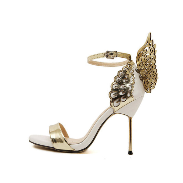 Metallic Contrast Open Toe Ankle Strap Stiletto Butterfly Heels - Gold