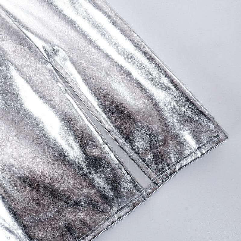 Metallic Faux Leather Split Trim Strapless Bodycon Club Mini Dress - Silver