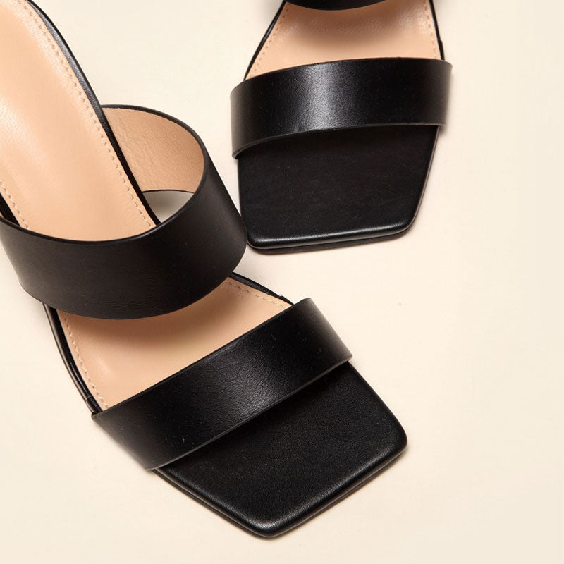 Metallic Geometric High Heel Square Toe Faux Leather Mule Sandals - Black