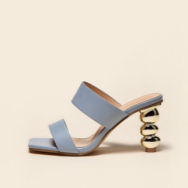 Metallic Geometric High Heel Square Toe Faux Leather Mule Sandals - Blue Grey