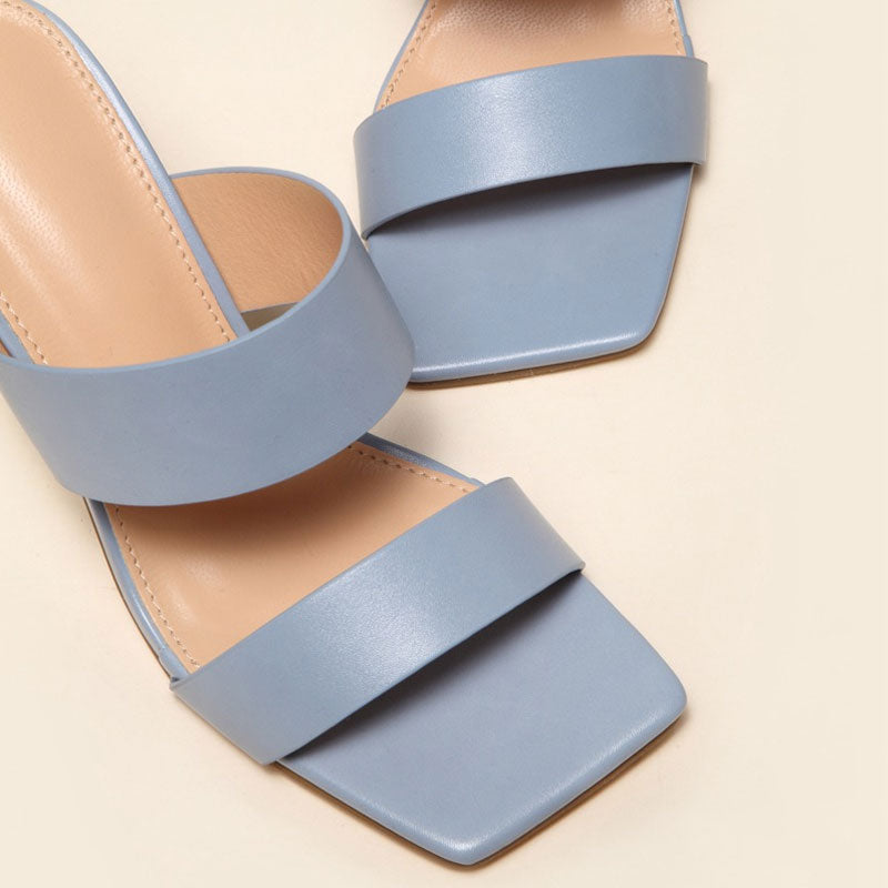 Metallic Geometric High Heel Square Toe Faux Leather Mule Sandals - Blue Grey