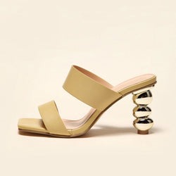 Metallic Geometric High Heel Square Toe Faux Leather Mule Sandals - Camel