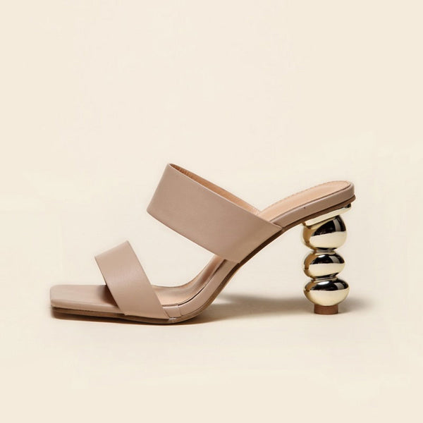 Metallic Geometric High Heel Square Toe Faux Leather Mule Sandals - Nude