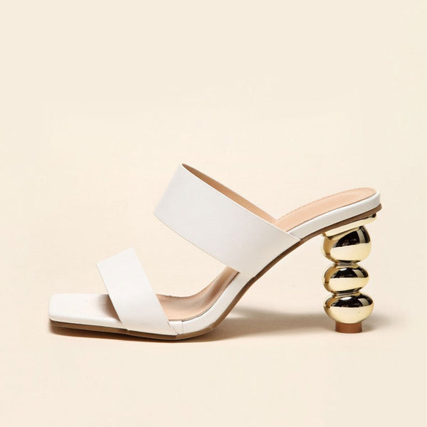 Metallic Geometric High Heel Square Toe Faux Leather Mule Sandals - White