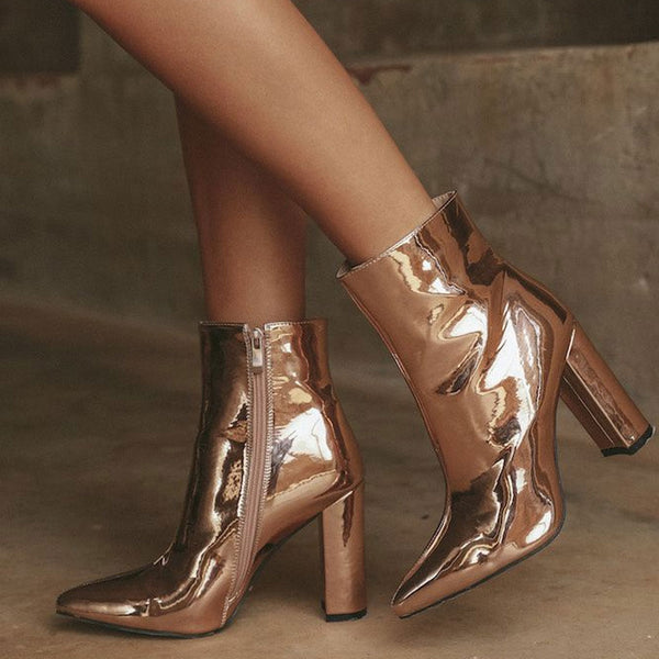 Metallic Pointed Toe Chunky Heel Zip Side Ankle Boots - Gold