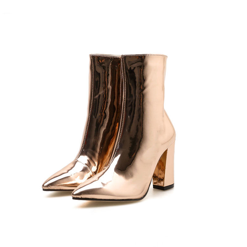 Metallic Pointed Toe Chunky Heel Zip Side Ankle Boots - Gold