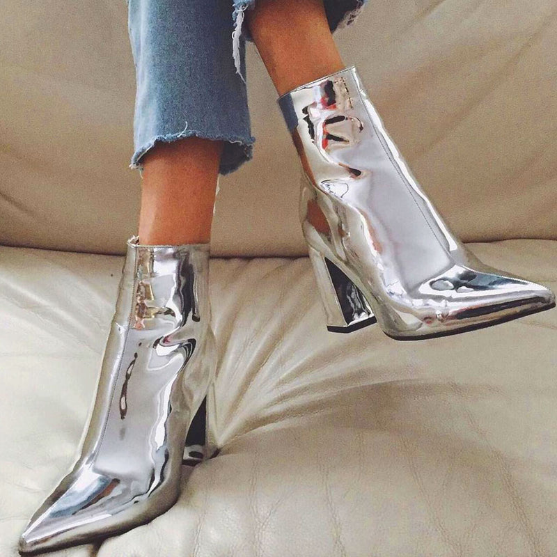 Metallic Pointed Toe Chunky Heel Zip Side Ankle Boots - Silver