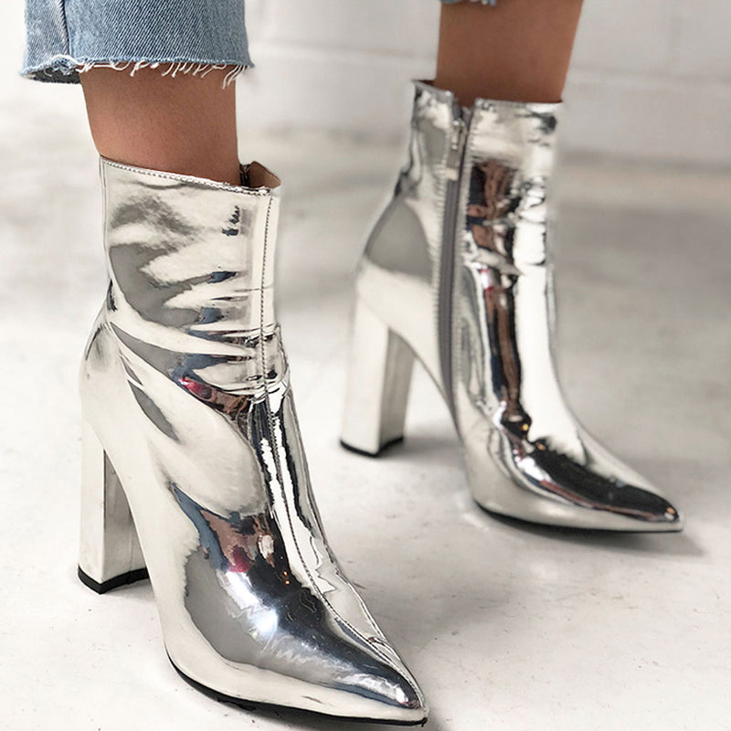 Metallic Pointed Toe Chunky Heel Zip Side Ankle Boots - Silver