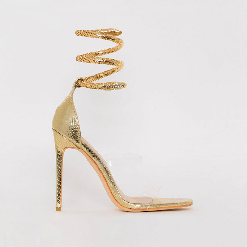 Metallic Snake Ankle Wrap Open Toe PVC Strap Stiletto Sandals - Gold