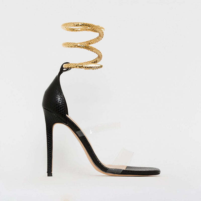 Metallic Snake Ankle Wrap Open Toe PVC Strap Stiletto Sandals - Black
