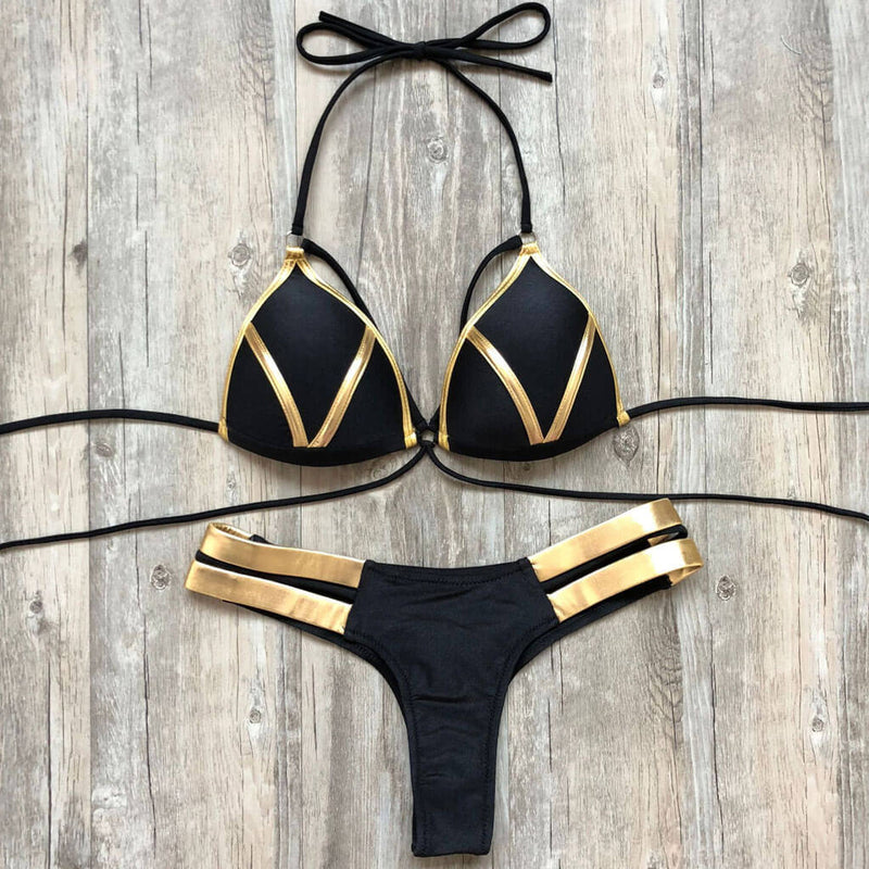 Metallic Strappy Thong Push Up Triangle Brazilian Bikini Set - Black