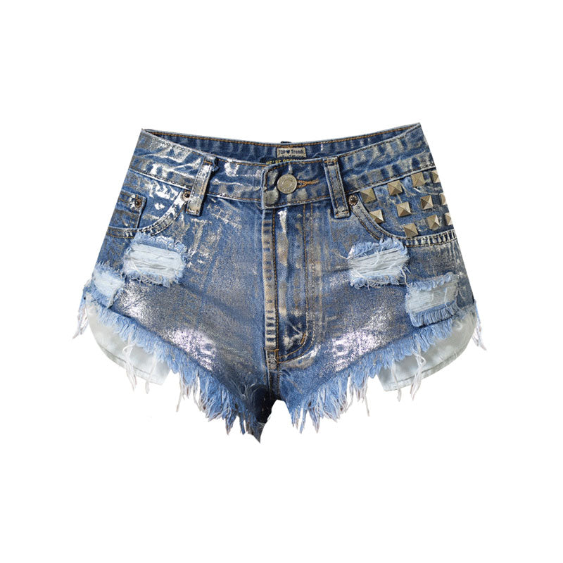 Metallic Stud Trim High Waist Distressed Denim Shorts - Blue