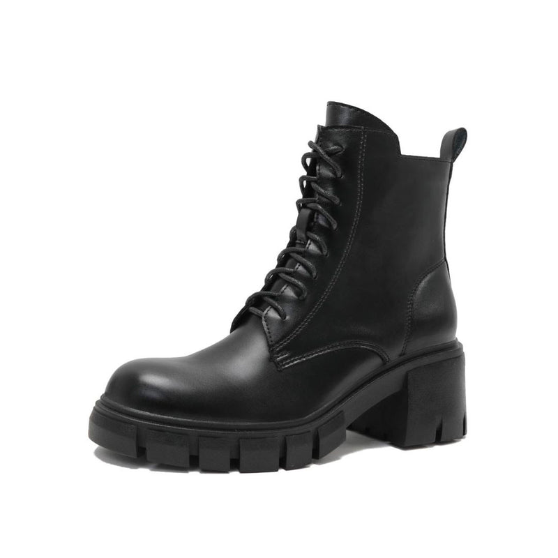 Military Round Toe Block Heel Lug Sole Lace Up Combat Boots - Black