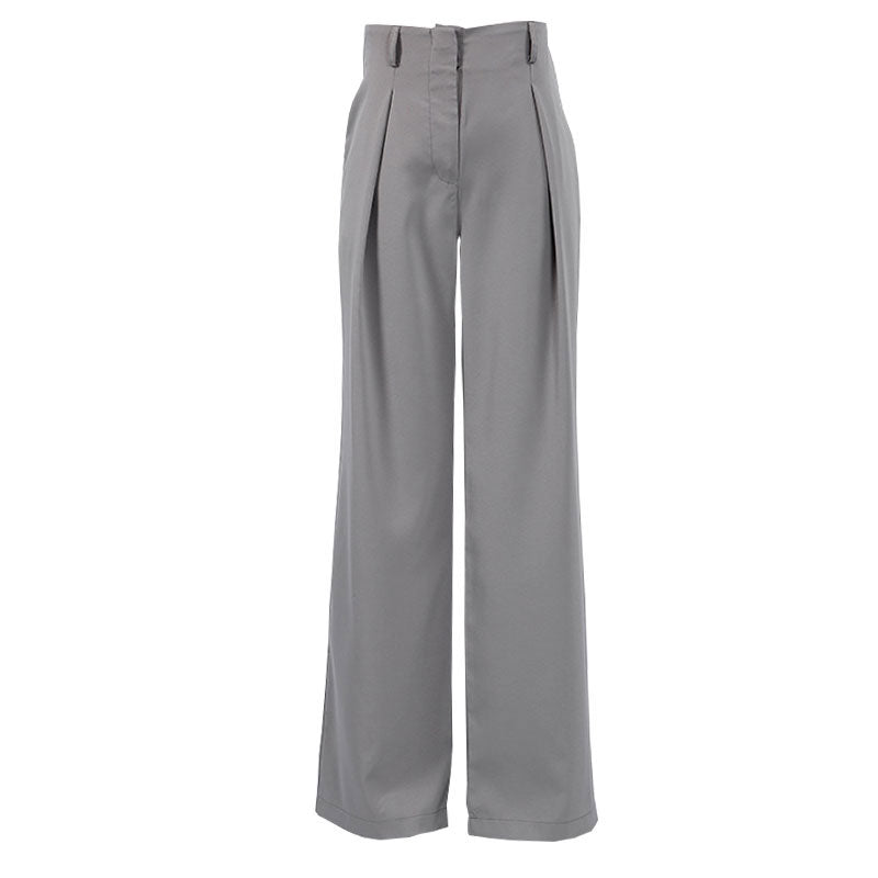 Minimalist Solid Color High Waist Pleat Trim Side Pocket Wide Leg Pants - Gray