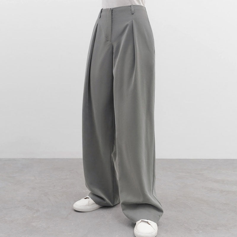 Minimalist Solid Color High Waist Pleat Trim Side Pocket Wide Leg Pants - Gray