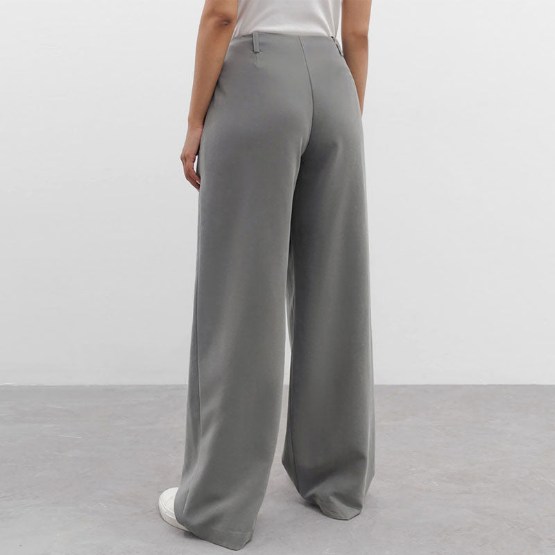 Minimalist Solid Color High Waist Pleat Trim Side Pocket Wide Leg Pants - Gray