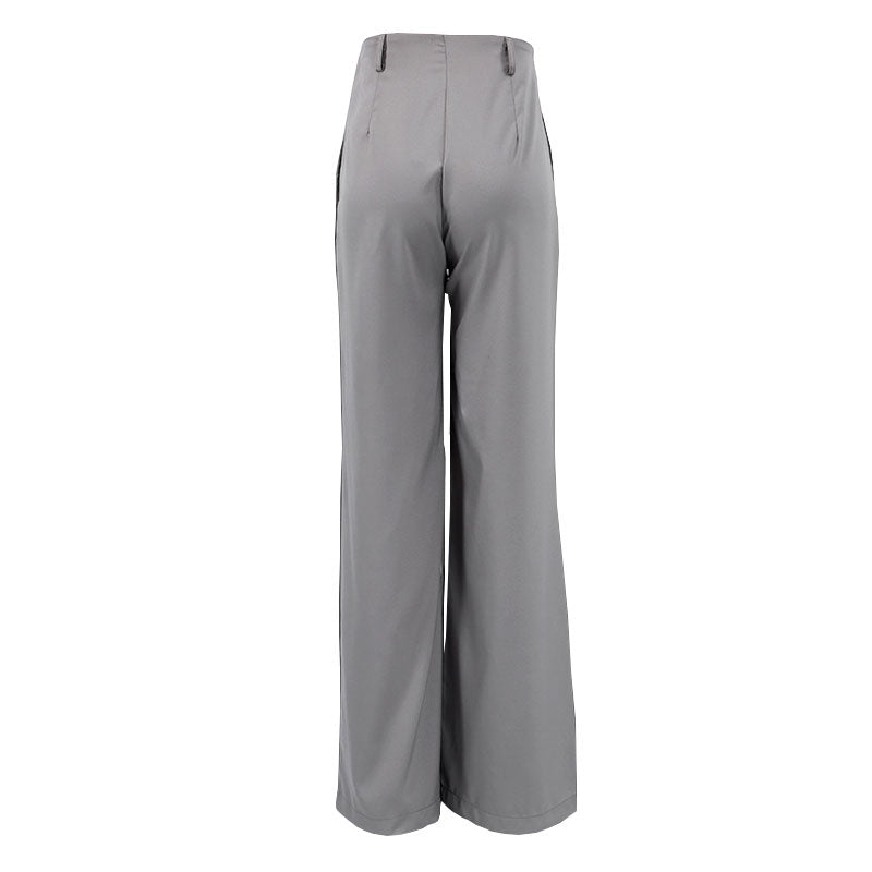 Minimalist Solid Color High Waist Pleat Trim Side Pocket Wide Leg Pants - Gray