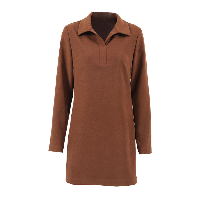 Minimalist Solid Color Long Sleeve Pointed Collar Mini Dress - Brown